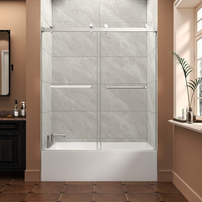 Porte de douche coulissante double en nickel brossé à installation simple réversible de 55 à 60 po x H 60 po, baignoire sans cadre facile à installer, verre trempé 5/16 po (8 mm) avec film antidéflagrant Nano