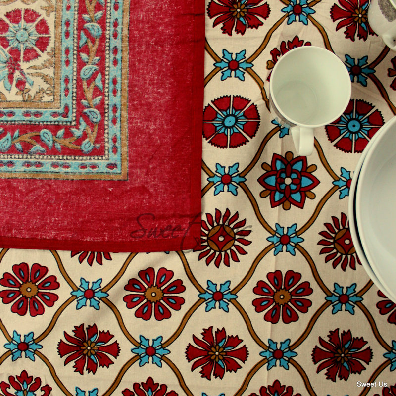 Cotton Floral Tablecloth Rectangle, 106" L x 106" W, Red