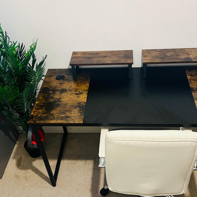 Yaheetech Large Computer Desk With 2 Monitor Stands & Hook - 140x60x75cm Rustic Brown For Home Office
