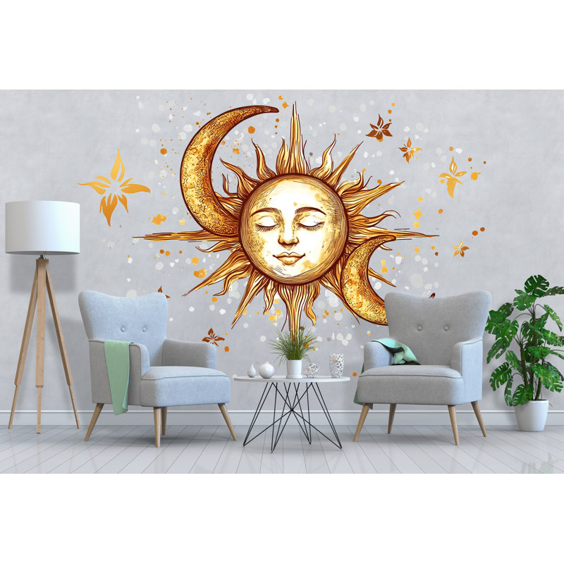 Adhésif mural céleste céleste soleil et lune - Boho or au-dessus du lit au-dessus de la chambre à coucher, décalque mural 065Mv