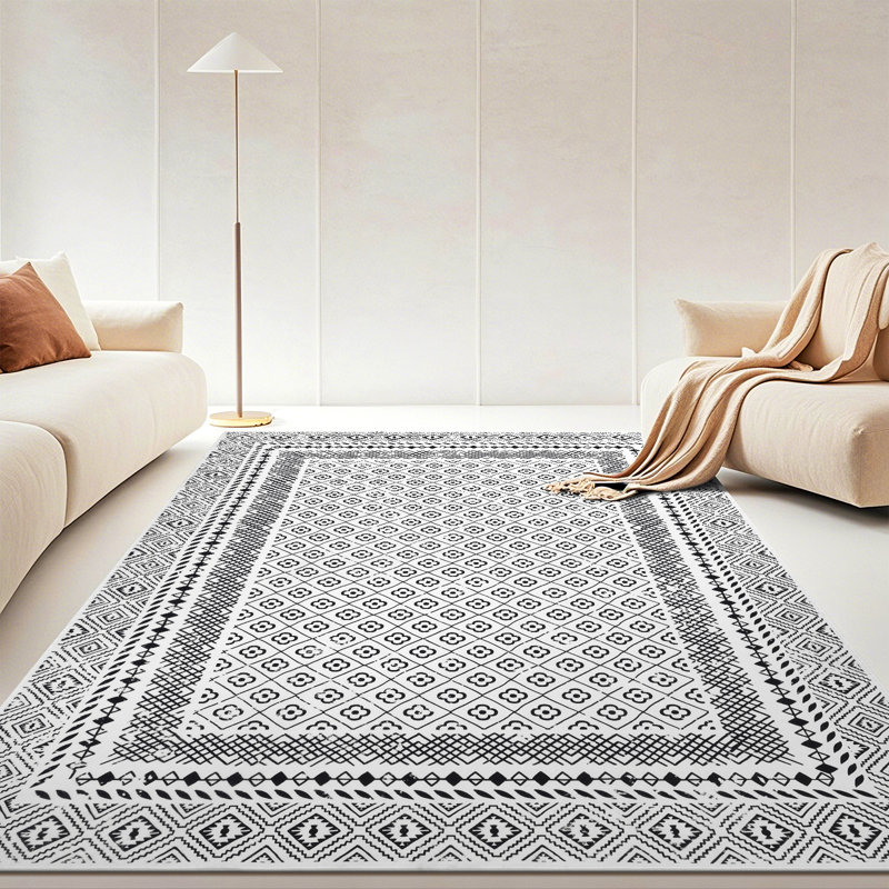 Tapis oriental noir / blanc à motif floral lavable à la machine avec envers antidérapant, Rectangle 5 pi x 7 pi