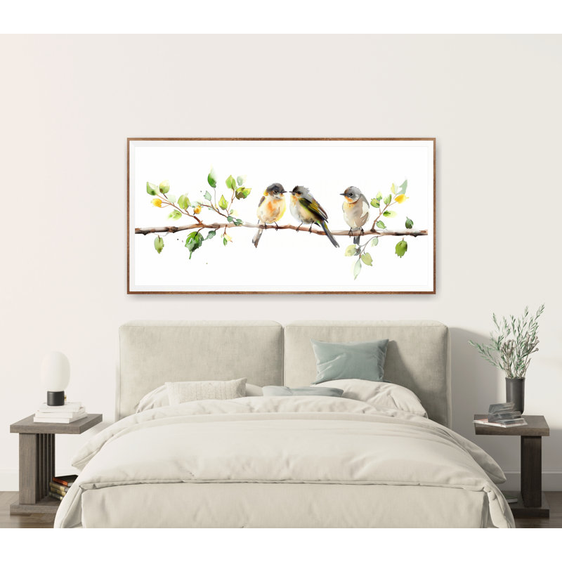 Aquarelle d'oiseaux assis sur une branche, très grande décoration murale, impression panoramique, Toile tendue