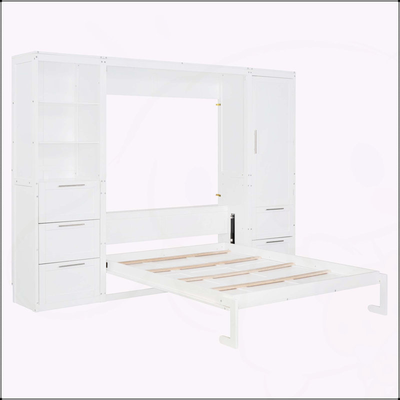 Grand lit escamotable mural avec placard, Blanc
