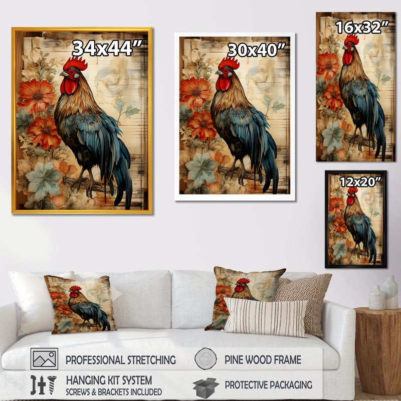 Art mural rétro, coq pastoral rétro, Encadrement doré, H 32 po x l 16 po x P 1 po
