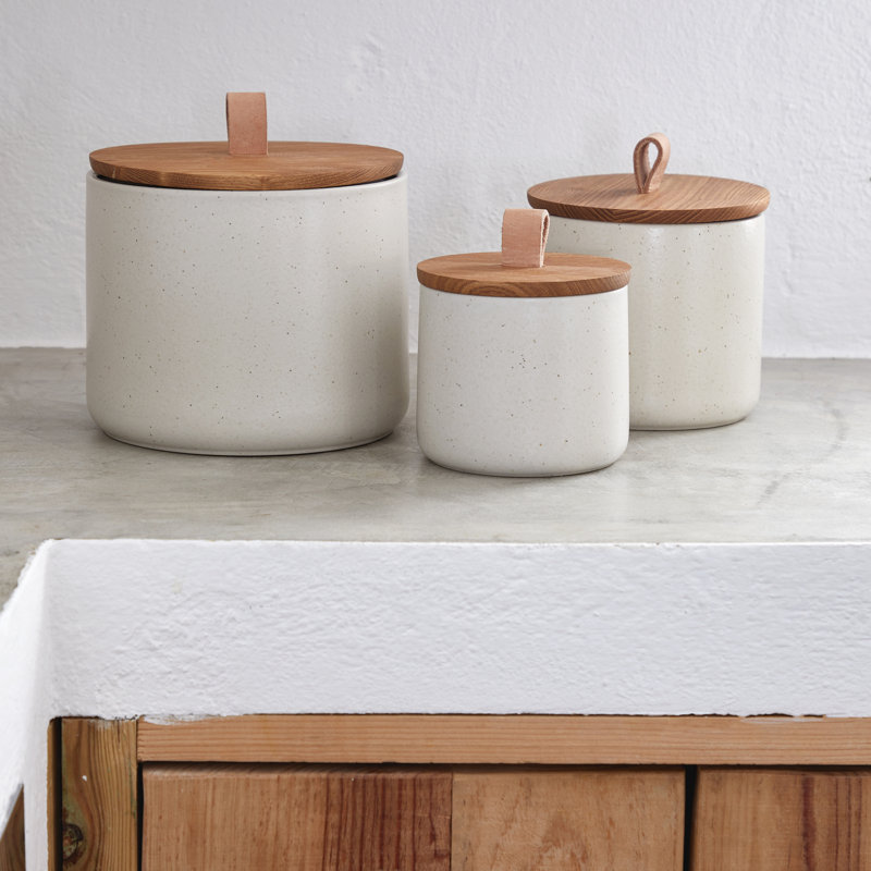 Pacifica Vanilla Matte Ceramic Canister with Oak Wood Top