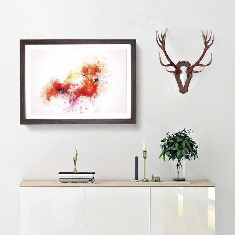 Lone Pink Flamingo in Abstract - Picture Frame Painting Print, Walnut Framed, 36cm H x 48cm W x 2cm D