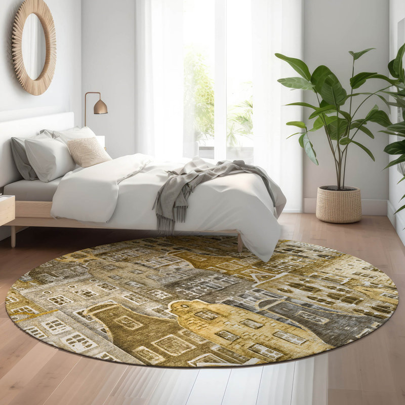 Premium Machine Washable Cerrito AMF600 Brown Rug, Round 8'