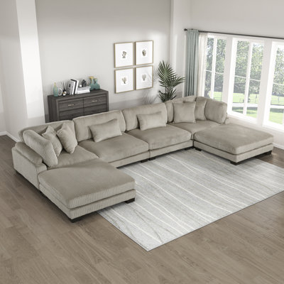 Lintz 180" Modern Modular Sectional with Corduroy Fabric, Adjustable Backrests & 6 Pillows