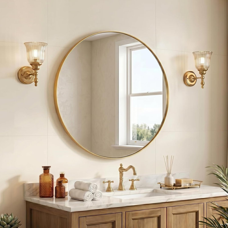 Miroir de salle de bain Kaitlee Cadre en acier inoxydable, 36 po x 36 po, Or brossé, Round