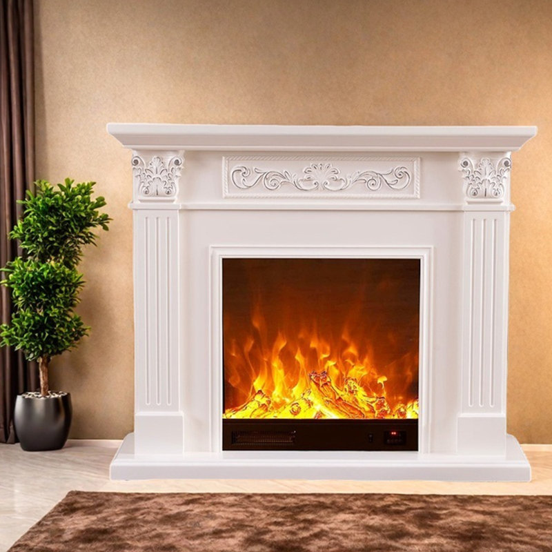 Three-dimensional carving craft fireplace, 45.66" H x 59.05" W x 12.99" D, White