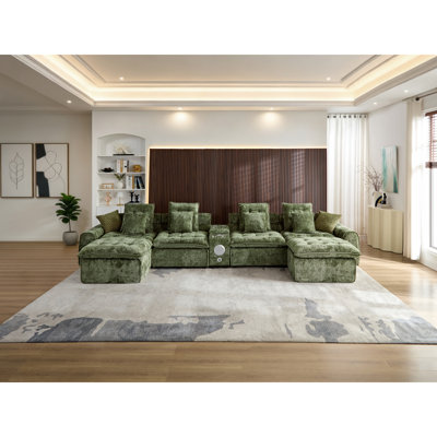 Canapé d'angle spacieux 6 places en bouclette verte avec rangement, canapé modulaire moderne
