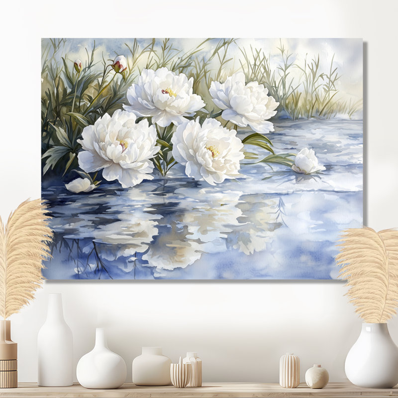 Pivoines blanches par l'étang gelé I - pivoines, impression sur métal, H 12 po x l 20 po