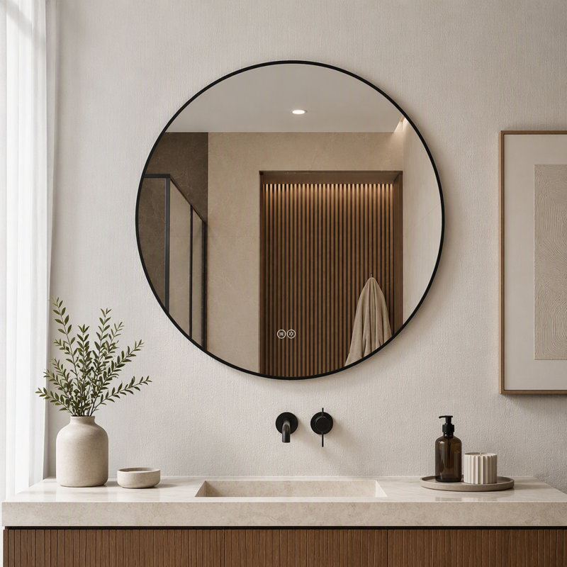 Miroir de salle de bain rond de 28 pouces avec cadre en aluminium noir, éclairage DEL à intensité variable et traitement antibuée
