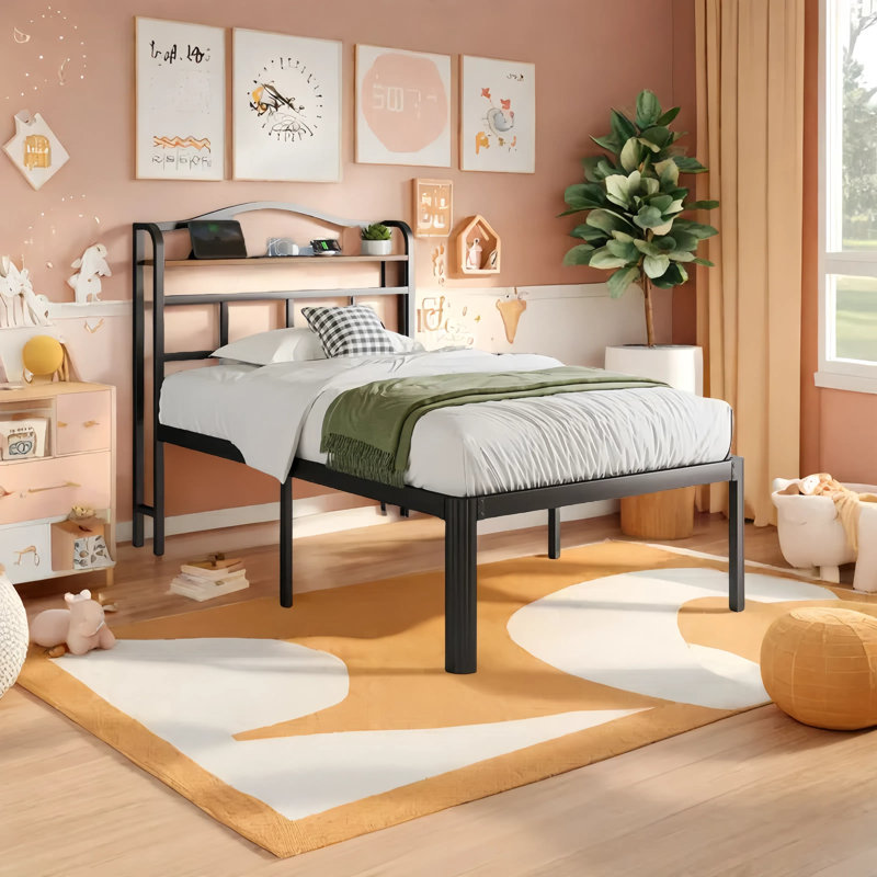 Abdalmalak 18" High Platform Bed Frame with USB & Type C Charging Station, No Box Spring, No Squeak, Twin