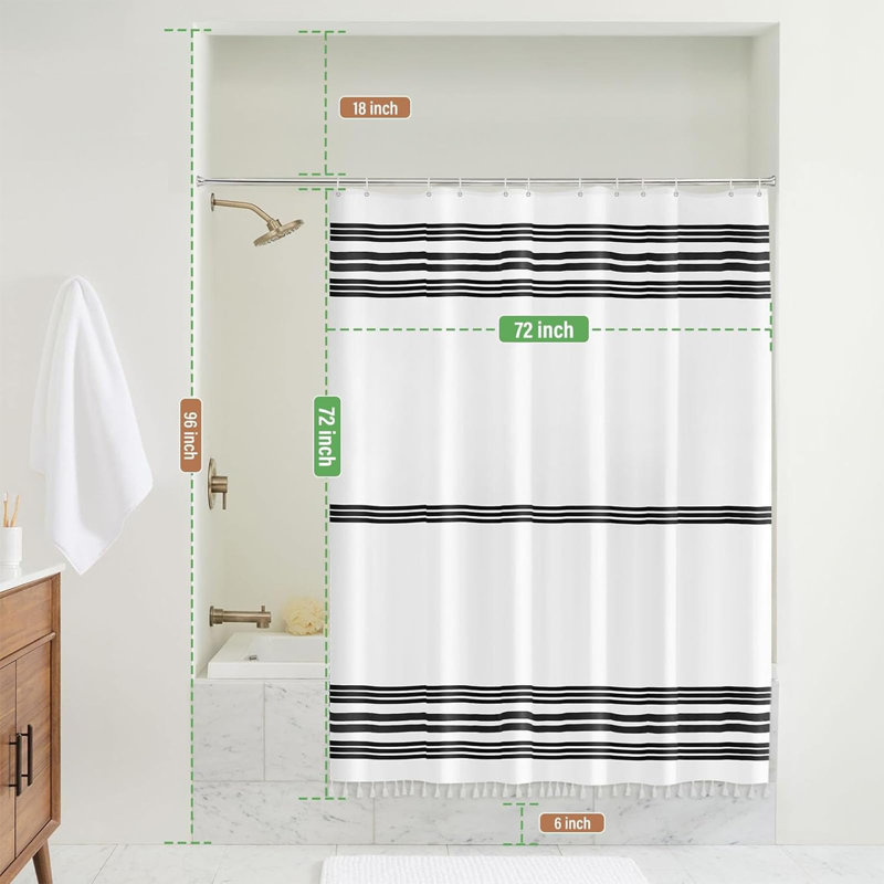 Style bohème moderne pour le décor de la salle de bain Curt Rideau de douche avec pampilles, 72 x 72 ， blanc et noir