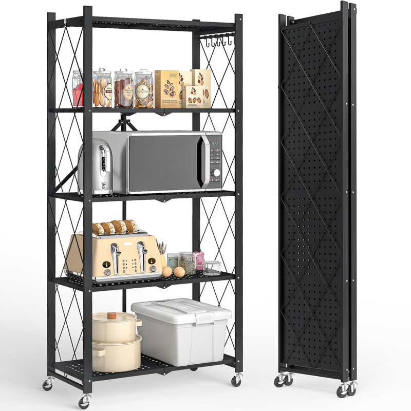 Tablette de rangement pliante à plusieurs niveaux en métal avec roues et crochets, support pliable sans assemblage pour la cuisine, le garage et le bureau