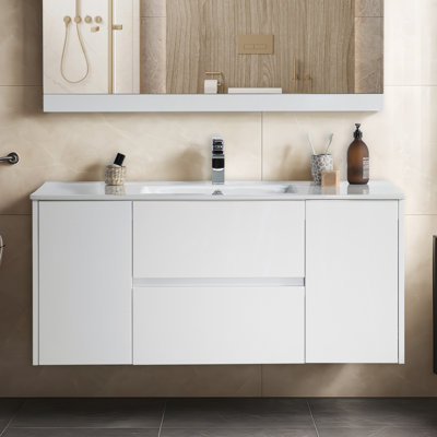 48'' Floating Bathroom Vanity Set with Ceramic Sink, Soft-Close U-Shaped Drawers - Glossy White, All-Wood Construction