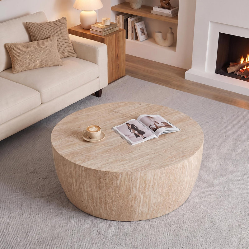 34.6" Round Drum Coffee Table – Modern Wood Grain Finish For Small Living Rooms, Travertine