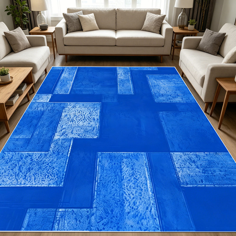 1PC geometric royal blue textured rectangular block pattern area rugs for Living Room, Soft and Comfortable, Suitable for all seasons, easy-to-maintain, machine washable Indoor floor mat, Under Table Farmhouse suitable for dining table, bedroom,