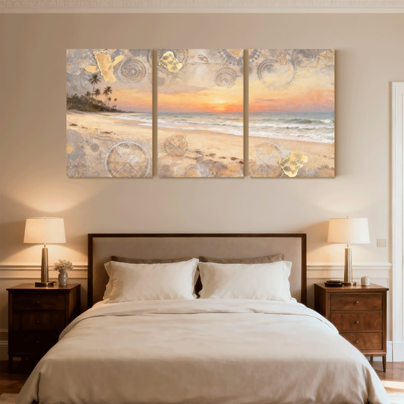 «Fashion Beach Sunset Palm Trees», ensemble de 3 reproductions d'art sur toile, H 18 po x l 36 po