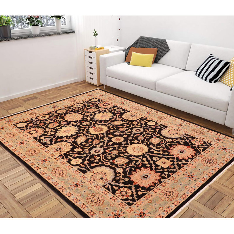 Tapis noir en laine noué à la main à motif floral 5 pi 11 po x 8 pi 10 po Baccio