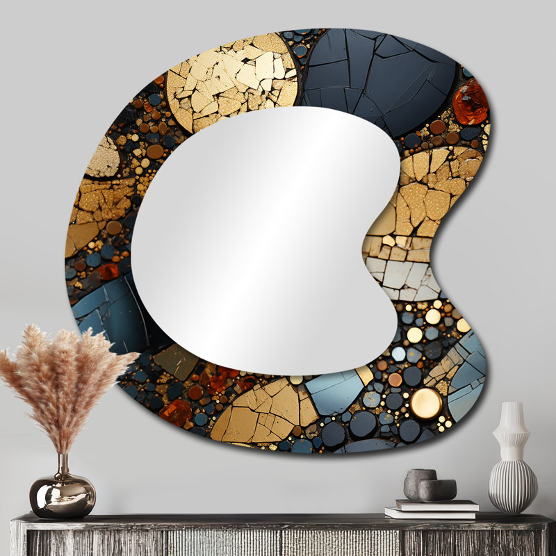 Gold and Black Mosaic tiles III - Tile Unique Shape Large Wall Mirror, Modern Asymmetrical Unique Mirror, Printed Metal Art