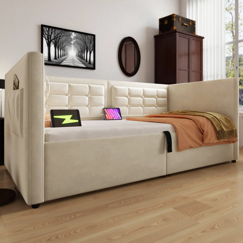 Structure de lit de jour à lit simple en velours avec rangement USB avec charge USB / Type-C, dossier de canapé capitonné et lattes de bois, lit simple tapissier pour petits espaces (capacité de 350 lb)