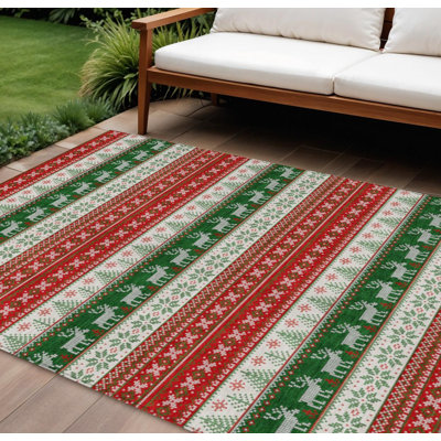 Tapis lavable d'intérieur/extérieur à motif cerf rouge, vert et ivoire, 2,74 m x 3,66 m.