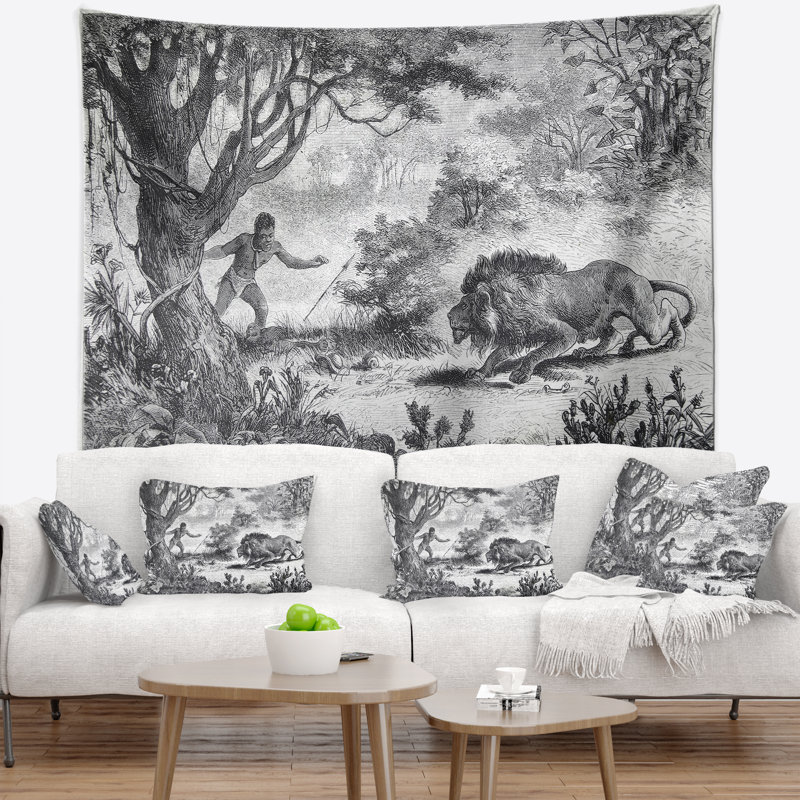 Lion mangeant la tapisserie de l'homme Animal, H 32 po x l 39 po
