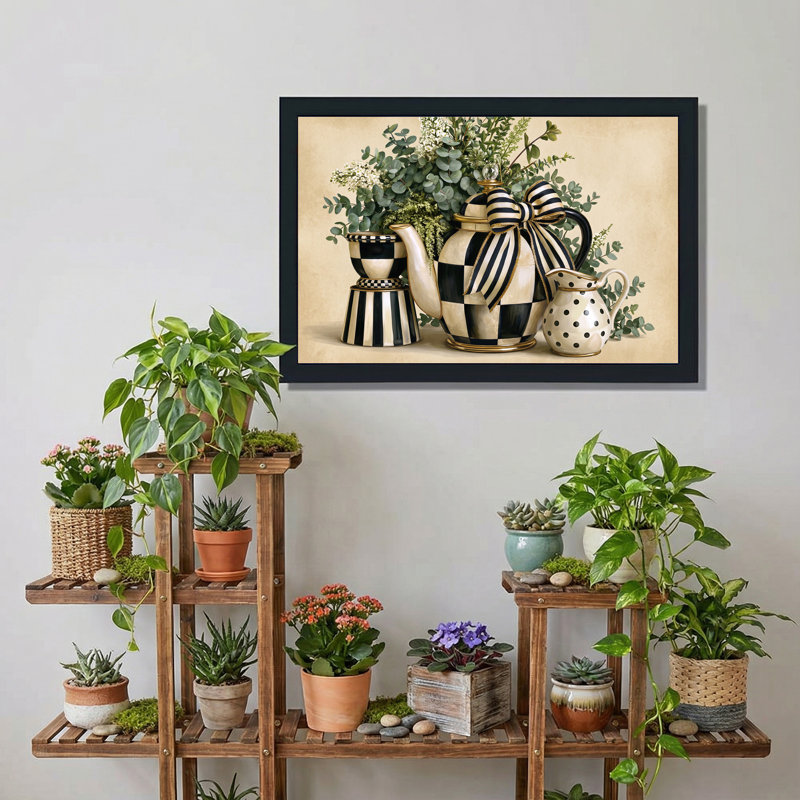 Théière et crémier à damier noir et blanc avec toile murale, 12"H x 18"W