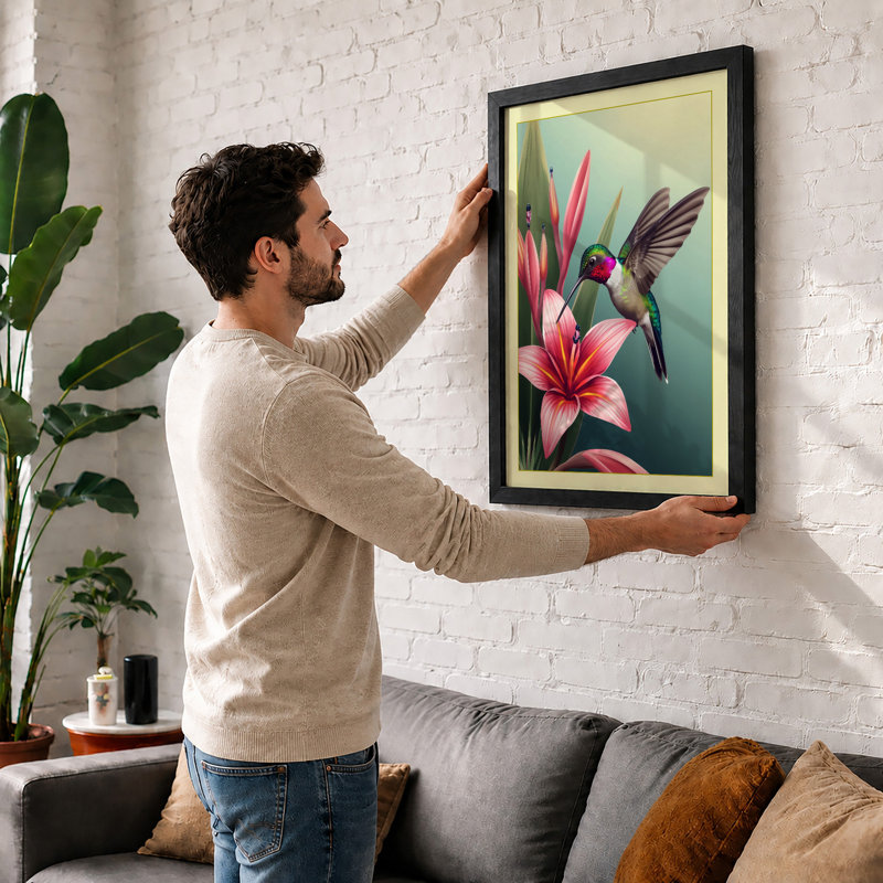 Hummingbird in Bloom Botanical - Framed Print, Oak, A3 - 42.0 x 29.7 cm