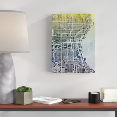 'Milwaukee Wisconsin City Map Blue Yellow' Graphic Art on Wrapped Canvas