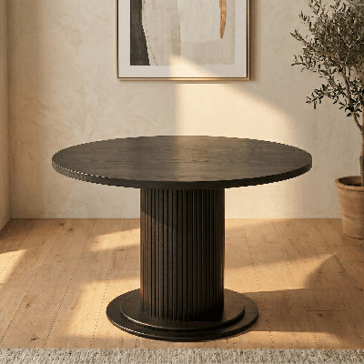 Summit 47 Inch Round Dining Table, Seats 4 to 6, Solid Oak Ribbed Pedestal Base, Modern Water & Heat Resistant Top for Dining Room & Kitchen, Easy Assembly, Burnt Black 
