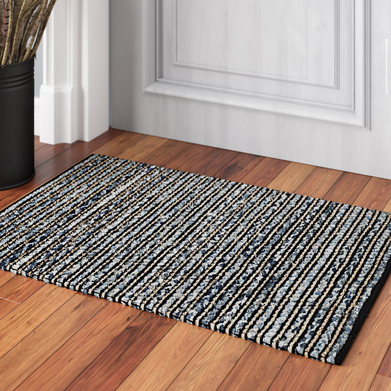 Tapis bleu en coton / jute tissé à la main à rayures Doleman, Rectangle 2 pi 3 po x 4 pi