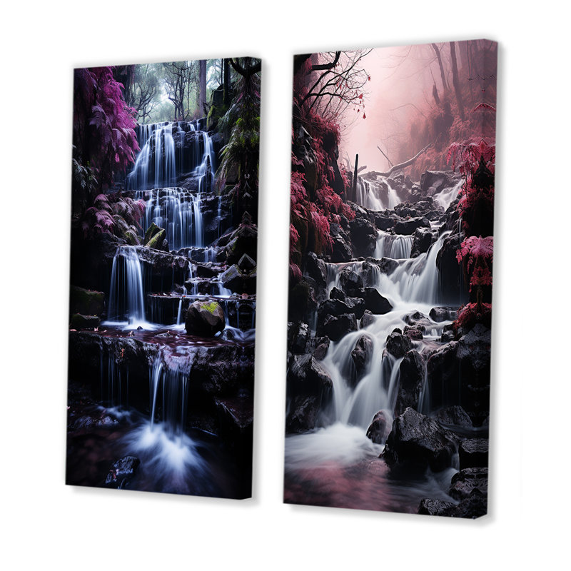 «Pink Grey Waterfall Misty Reverie», 2 pièces sur toile, Toile tendue, H 40 po x l 40 po