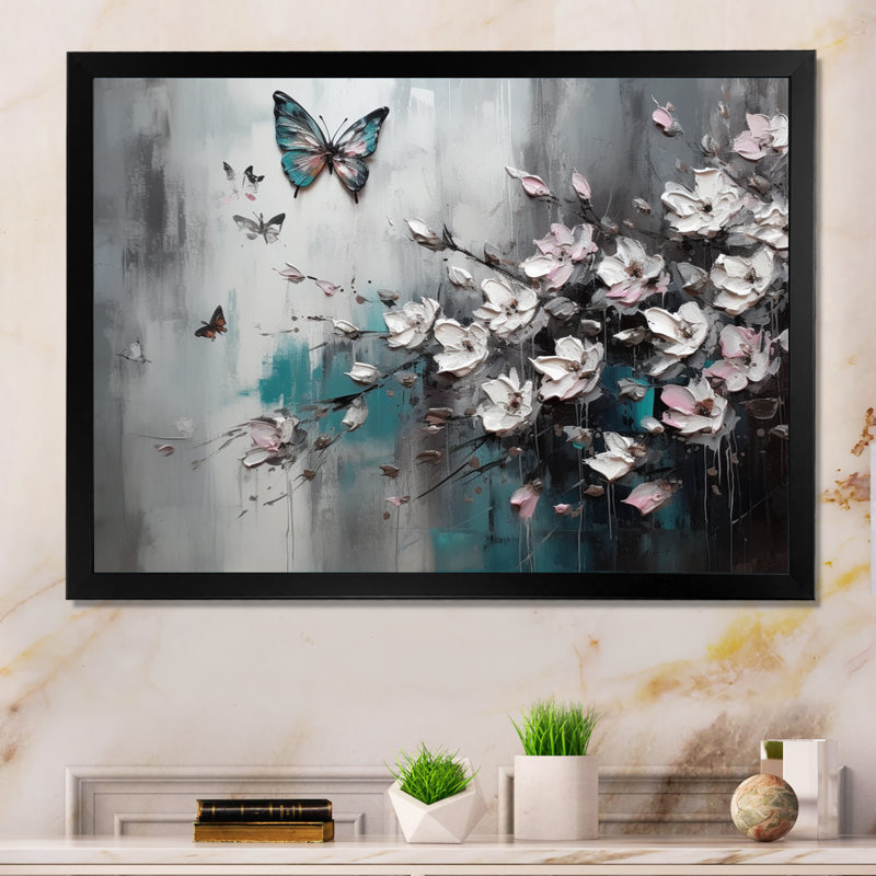 «Royka Flowers With Butterflies», peinture V sur toile, Cadre simple noir, H 12 po x l 20 po x P 1 po