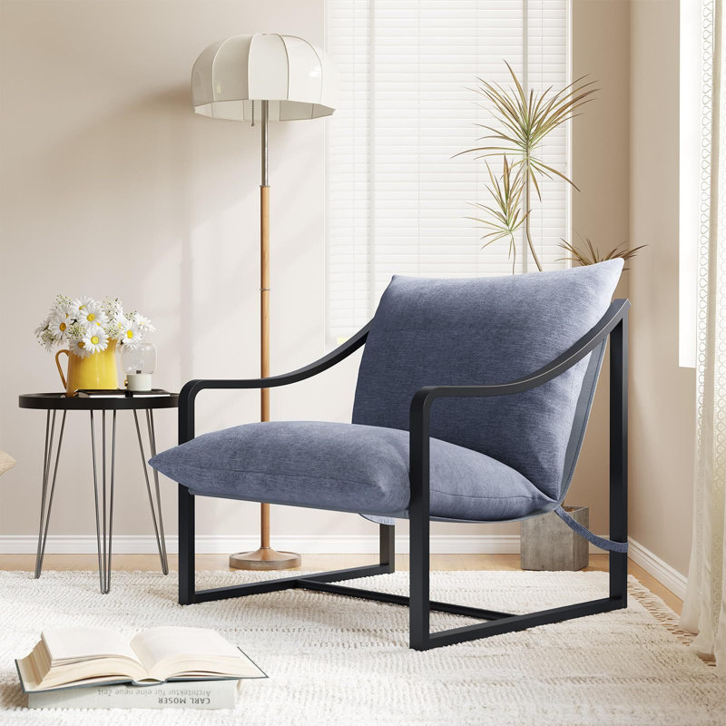 Set of 2 Accent Chairs with Metal Frame and Soft Cushions, Grey Comfortable Sling Chairs for Living Room and Bedroom, Easy Assembly