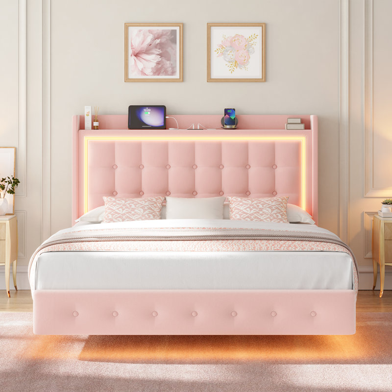 Lit plateforme tapissier avec lumières DEL, port de charge, lit flottant, Complète, Rose