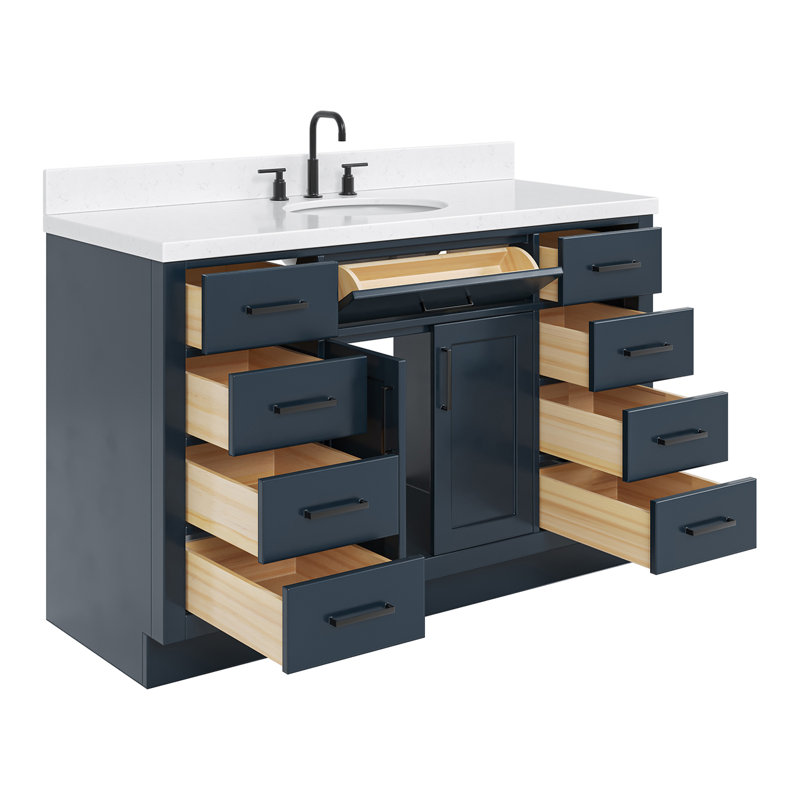 Meuble-lavabo simple en bois massif 54 po Tidworth avec lavabo en quartz Carrara 1,5 po, Ovale, Bleu minuit / noir mat
