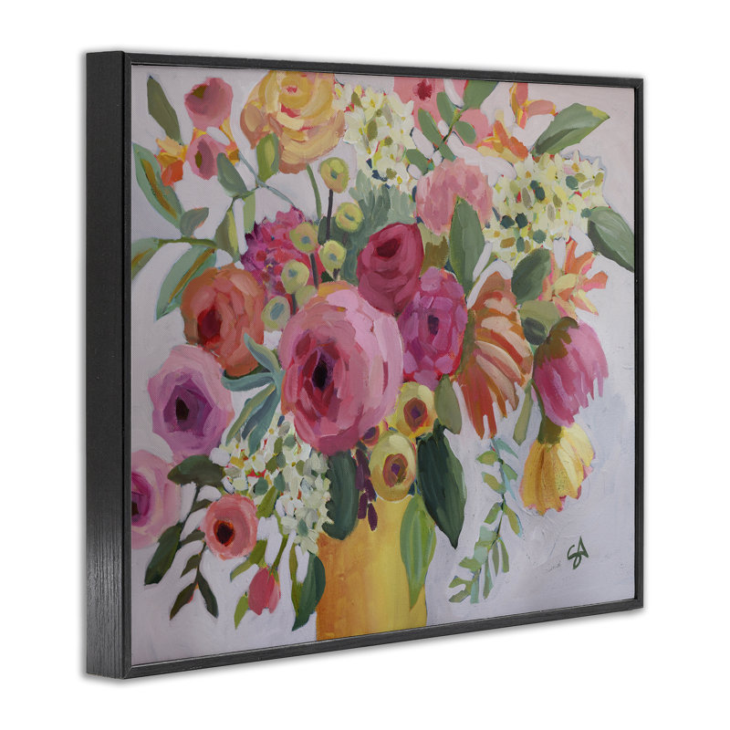 Giclée encadrée de fleurs assorties en rose et jaune, design par Suzanne Allard, H 24 po x l 30 po