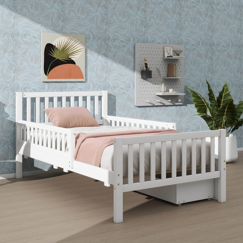 Lit plateforme simple en bois avec garde-corps des deux côtés et deux compartiments de rangement, Simple, Blanc