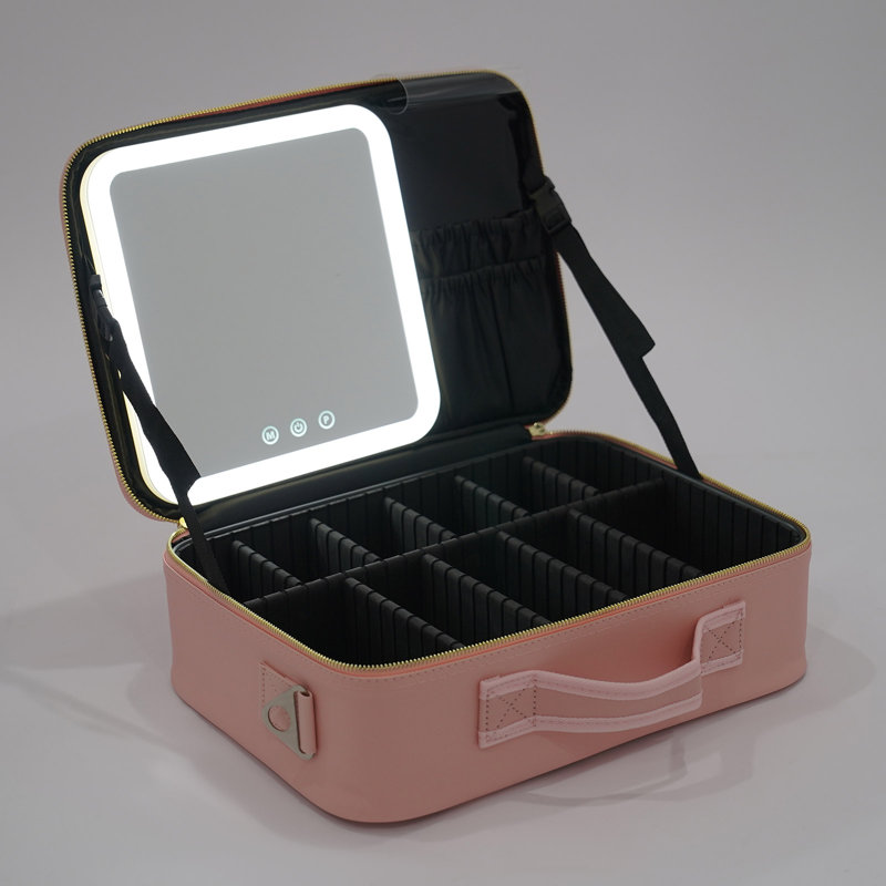 Makeup Bag With Mirror, Lights And Adjustable Dividers, Pink
