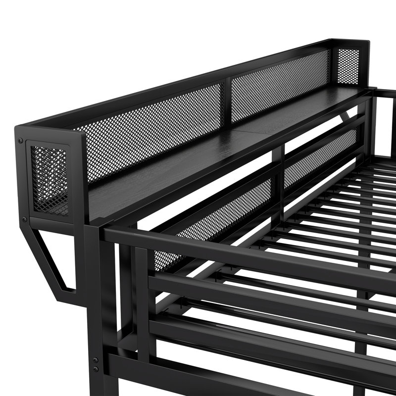Queen Size Loft Bed With Stairs, Metal Queen Loft Bed With Storage Shelves, High Loft Bed With Wardrobe For Kids Teens Adults, Black