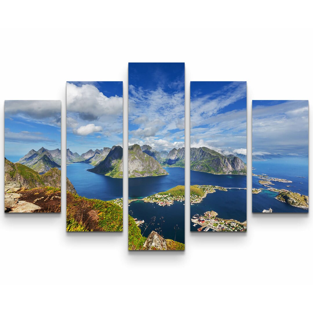 5-tlg. Leinwandbilder-Set Lofoten Insel in Norwegen bei blauen Himmel