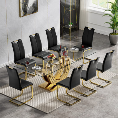 70" Glass Dining Table Set, Clear Glass Dining Table with Stainless Steel Pedestal & Leather Dining Chairs, 70" Rectangle Dining Room Table and Chairs Set, Modern Kitchen Table Set