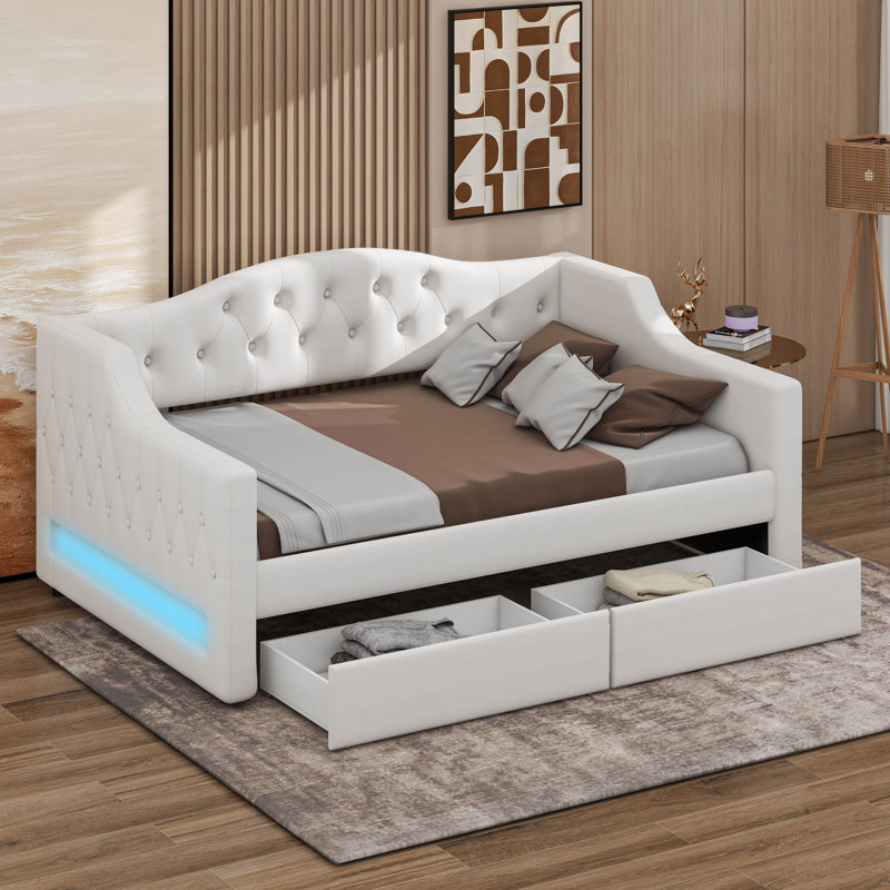 Lit de jour rembourré simple TG avec tiroirs de rangement, DEL réglable, Beige