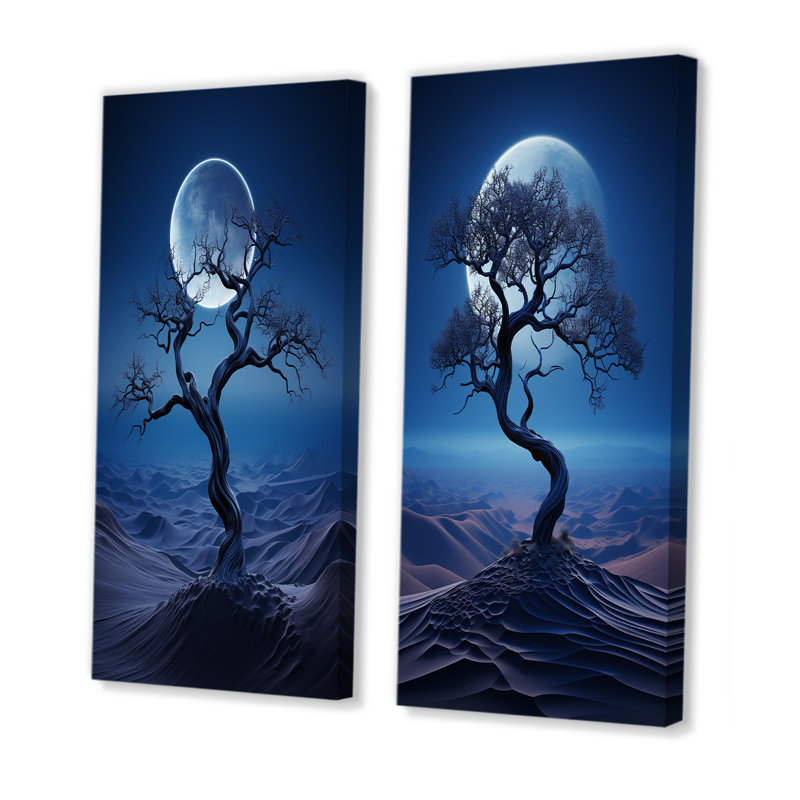 Arbre de lune bleu dans le désert I - ensemble de salon art mural lune du désert, H 28 po x l 25 po, Toile tendue