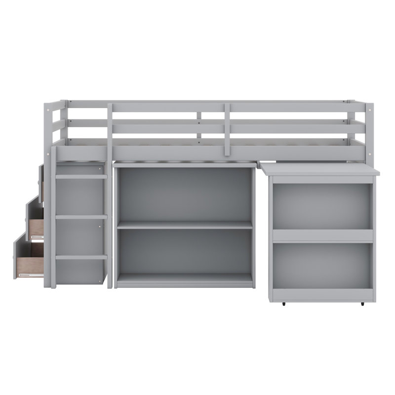 Lit mezzanine peu encombrant avec bureau, rangement de tiroir, étagère, échelle et garde-corps de sécurité, Gris