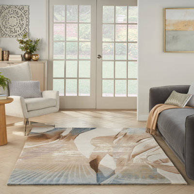 Abstract Hand Tufted Rectangle Viscose Area Rug in Beige