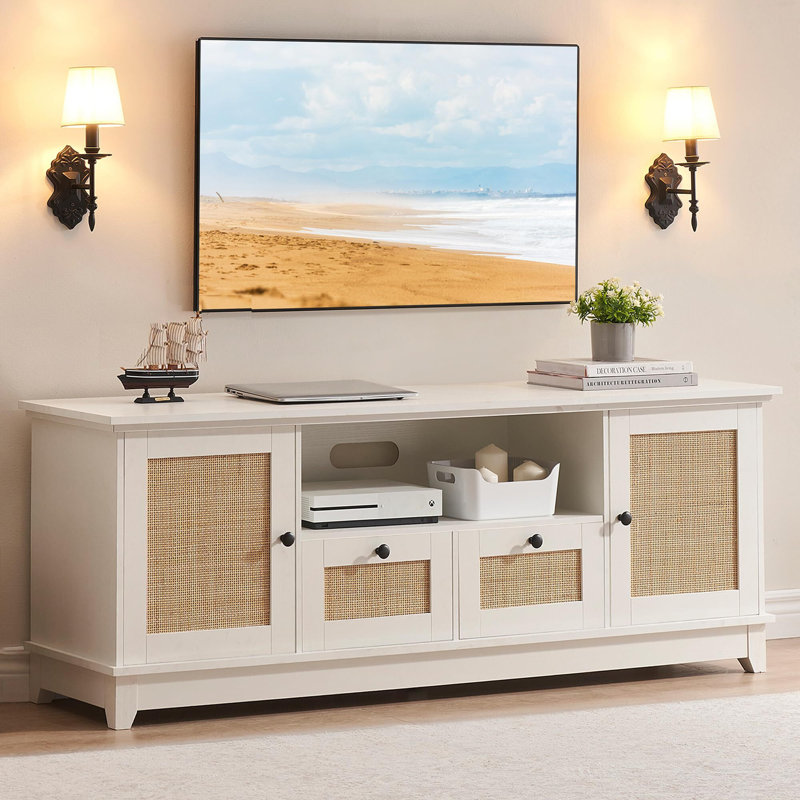 Rattan TV Stand, Modern Entertainment Center For 65/70 Inch TV, White Media Center With 2 Drawers And 2 Cabinets With Adjustable Shelf, TV Media Console Cabinet For Living Room